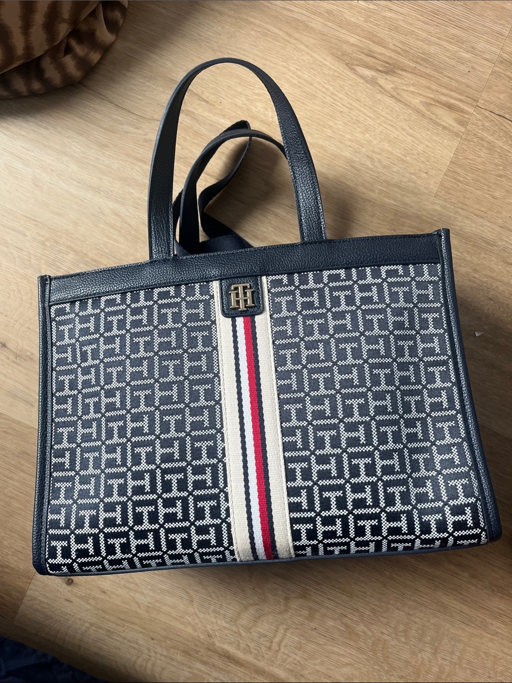 Tommy Hilfiger Navy and White Monogram Tote with Signature Stripe